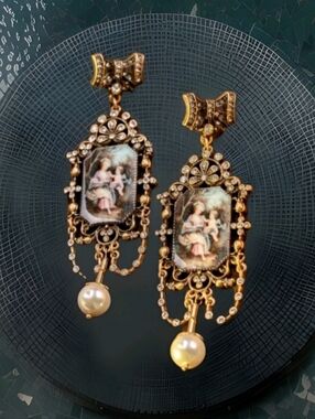 Vintage Estate Baroque Palace Crystal Pearl Oil Painting Gold Drop Earrings